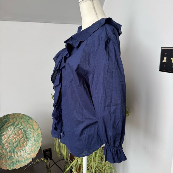 Lauren Ralph Lauren Navy Ruffle Collar Pearl Button Cotton Blouse size 2XL‎ - Picture 3 of 5